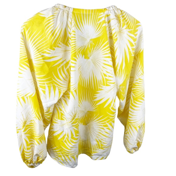 ASOS Yellow Palm Print Plunge Kimono Top V Neck Wrap Puffy Sleeve Blouse Size 2 - Picture 9 of 11